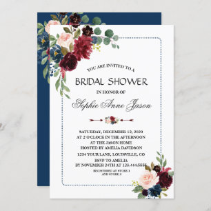 Burgundy Navy Blue Floral Frame Bridal Shower Invitation