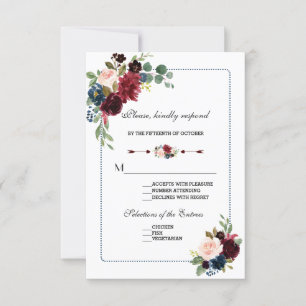 Burgundy Navy Blue Floral Frame Wedding RSVP