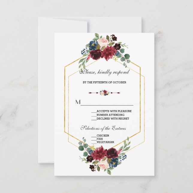 Burgundy Navy Blue Floral Frame Wedding RSVP Card (Front)