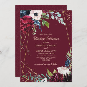 Burgundy   Navy Blue Floral Geometric Wedding Invitation