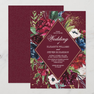 Burgundy Navy Blue Floral Geometric Wedding Invitation
