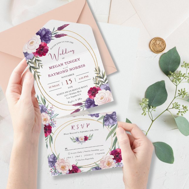 Burgundy Navy Blue Floral Gold Geometric Wedding  All In One Invitation (Creator Uploaded)