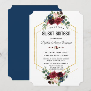Burgundy Navy Blue Floral Gold Hexagon Sweet 16 Invitation