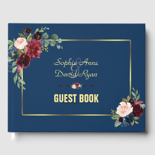 Burgundy Navy Blue Floral Golden Frame Wedding Guest Book