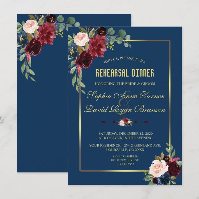Burgundy Navy Blue Floral Golden Rehearsal Dinner Invitation (Front/Back)