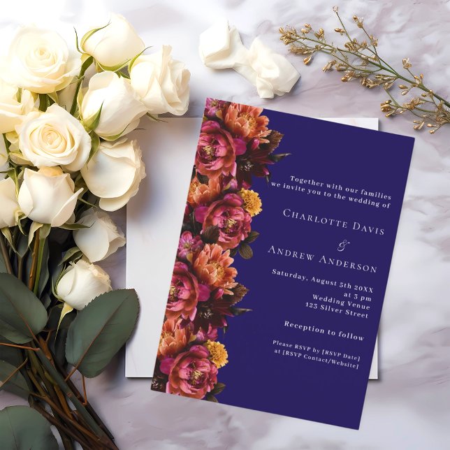 Burgundy navy blue floral luxury wedding RSVP Invitation (Creator Uploaded)