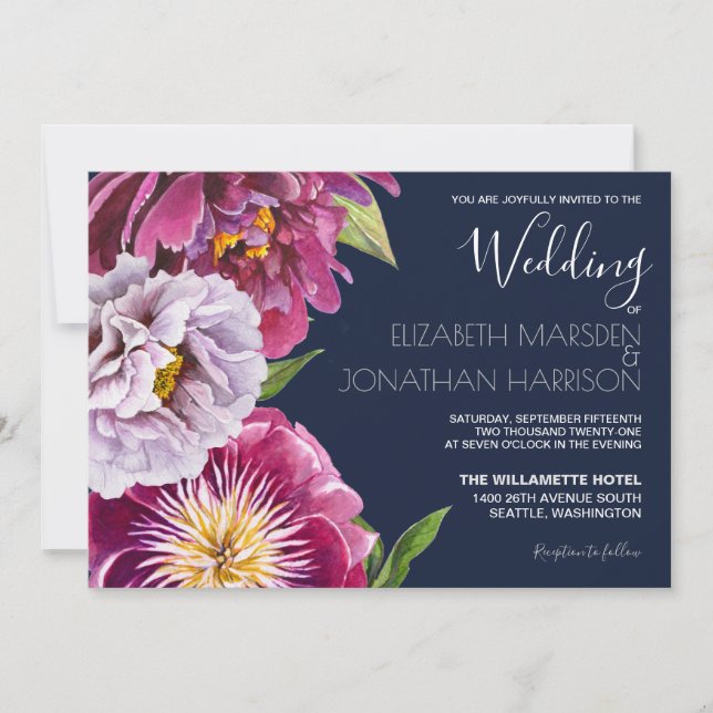 Burgundy Navy Blue Floral Photo Dark Wedding Invitation (Front)