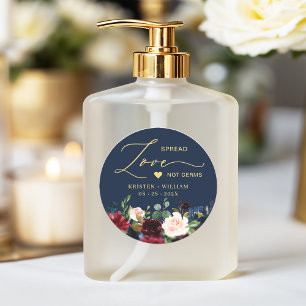 Burgundy Navy Blue Floral Sanitizer Wedding Favour Classic Round Sticker