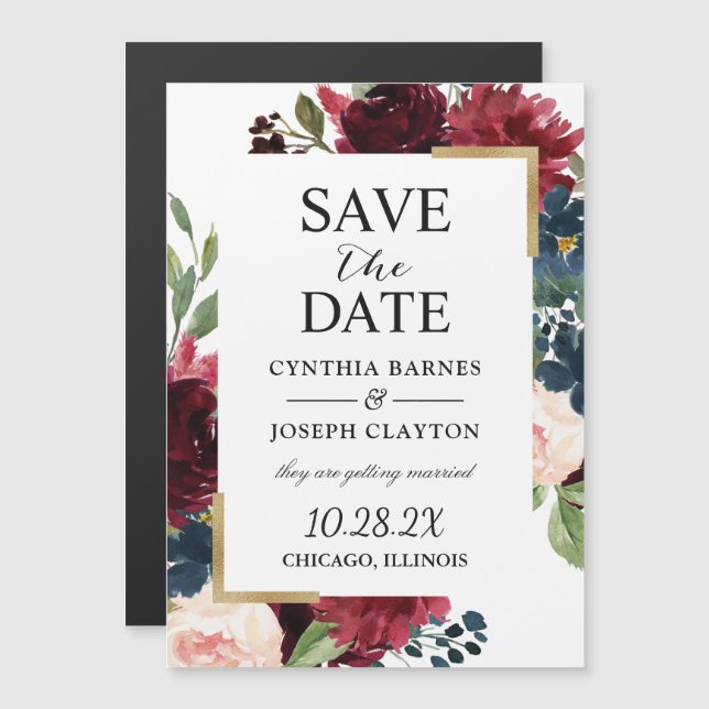 Burgundy Navy Blue Floral Save the Date Magnet (Front/Back)