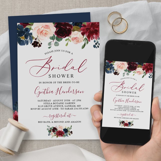 Burgundy Navy Blue Floral Script Bridal Shower Invitation (Creator Uploaded)