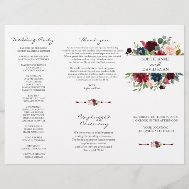 Burgundy Navy Blue Floral Tri+Fold Wedding Program Flyer (Front)