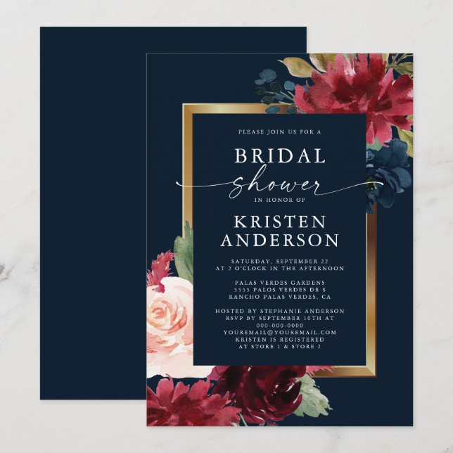 Burgundy Navy Blue Floral Watercolor Bridal Shower Invitation (Front/Back)