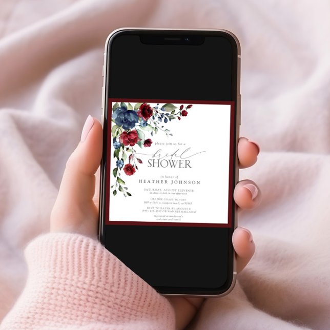 Burgundy Navy Blue Floral Watercolor Bridal Shower Invitation (Creator Uploaded)