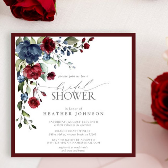 Burgundy Navy Blue Floral Watercolor Bridal Shower Invitation (Creator Uploaded)