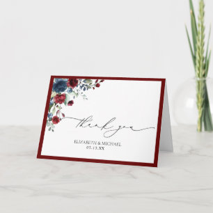 Burgundy Navy Blue Floral Watercolor Photo Wedding Card