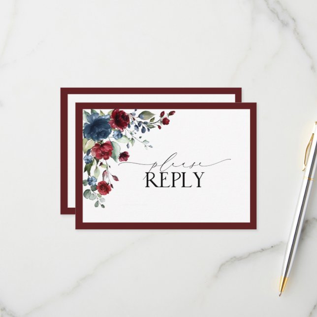 Burgundy Navy Blue Floral Watercolor Script RSVP (Front/Back In Situ)