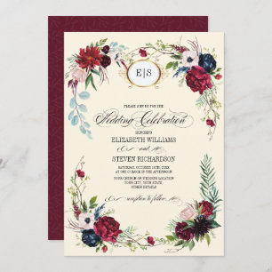 Burgundy Navy Blue Floral Watercolor Wedding Invitation