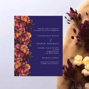 Burgundy navy blue floral wedding RSVP invitation