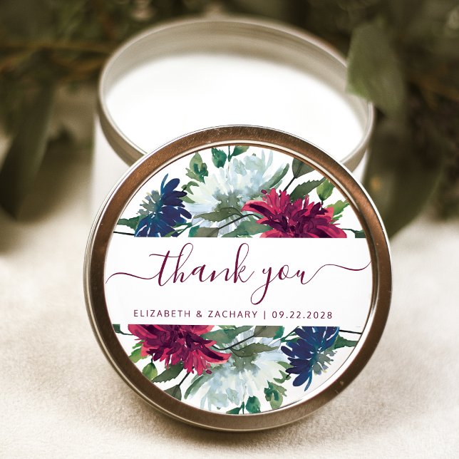 Burgundy Navy Blue Floral Wedding Thank You Classic Round Sticker (Creator Uploaded)