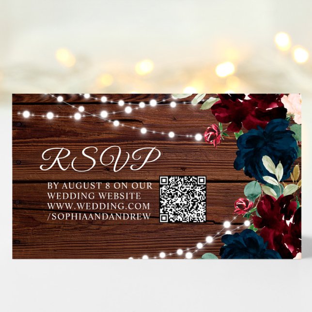 Burgundy & Navy Blue Flower Rustic Wedding QR RSVP Enclosure Card (Creator Uploaded)
