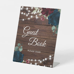 Burgundy & Navy Blue Flowers Guest Book Sign