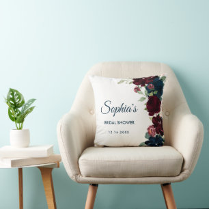 Burgundy & Navy Blue Flowers Rustic Bridal Shower Cushion