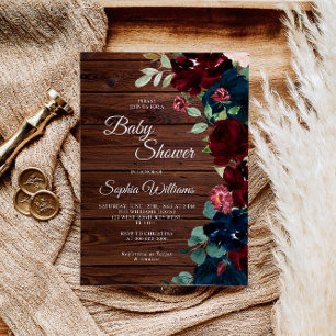 Burgundy & Navy Blue Flowers Wood Baby Shower Invitation