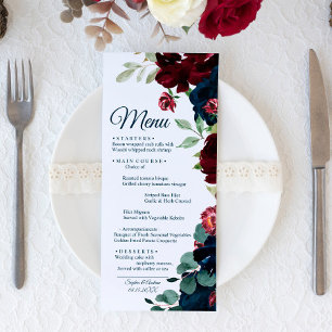 Burgundy & Navy Blue Flowers Wood Wedding Menu