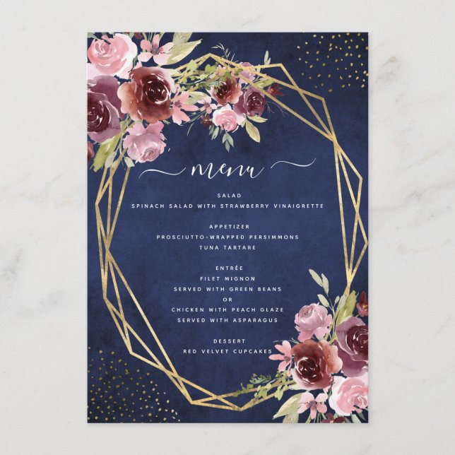 Burgundy Navy Blue Geometric Floral Wedding Menu (Front)