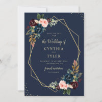 burgundy & navy blue geometric save the date