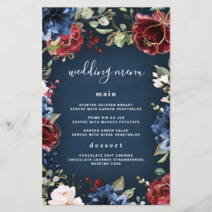 Burgundy Navy Blue Gold Blush Wedding Menu Cards