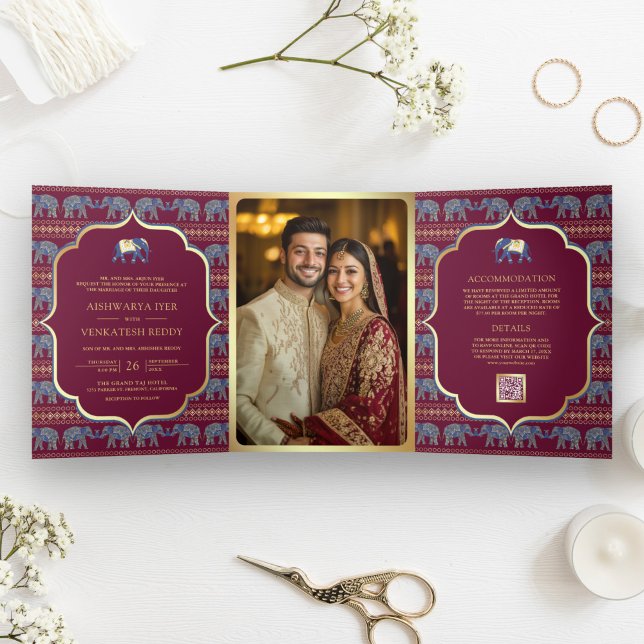 Burgundy Navy Blue Gold Elephant Indian Wedding Tri-Fold Invitation (Creator Uploaded)