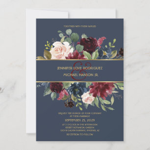 Burgundy & Navy Blue Gold Floral Boho Chic Wedding Invitation