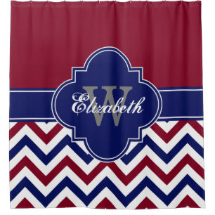 Burgundy Navy Blue LG Chevron 1ICBR Name Monogram Shower Curtain