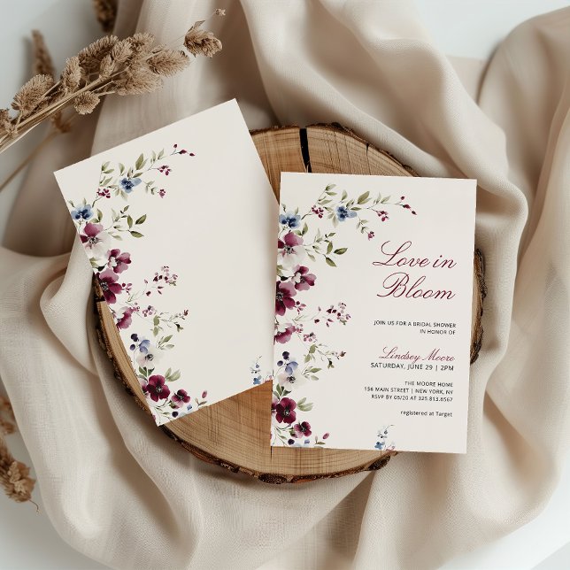 Burgundy Navy Blue Love In Bloom Bridal Shower Invitation (Creator Uploaded)