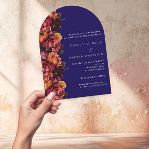 Burgundy navy blue peach floral arch wedding RSVP Invitation