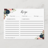 burgundy navy blue & pink blush floral recipe card