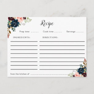 burgundy navy blue & pink blush floral recipe card