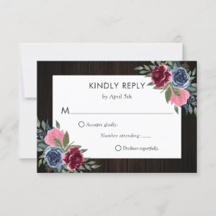 Burgundy Navy Blue Pink Wood Floral Wedding RSVP Card