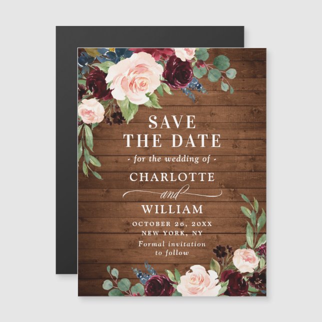 Burgundy Navy Blue Save the Date Magnetic Card (Front/Back)