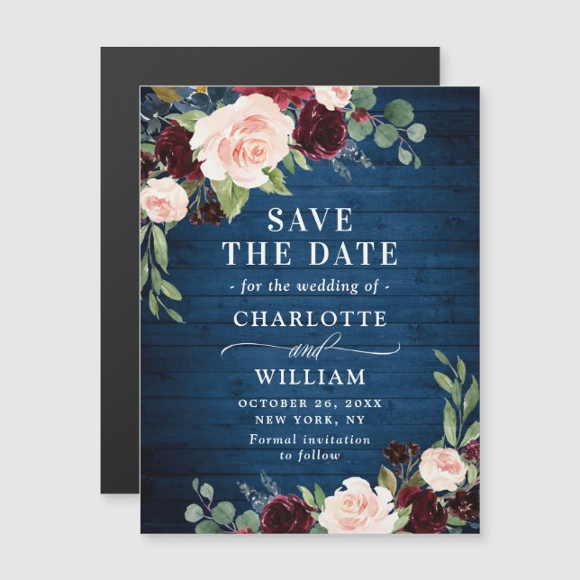 Burgundy Navy Blue Save the Date Magnetic Card (Front/Back)