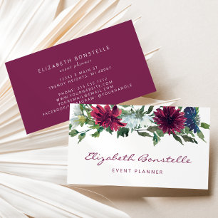 Burgundy Navy Blue Watercolor Floral Business Card