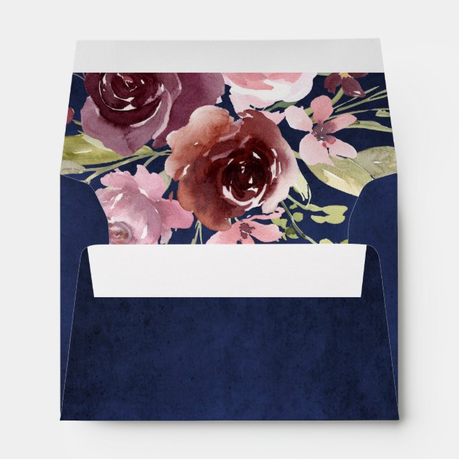 Burgundy Navy Blue Watercolor Floral Wedding Envelope (Back (Bottom))