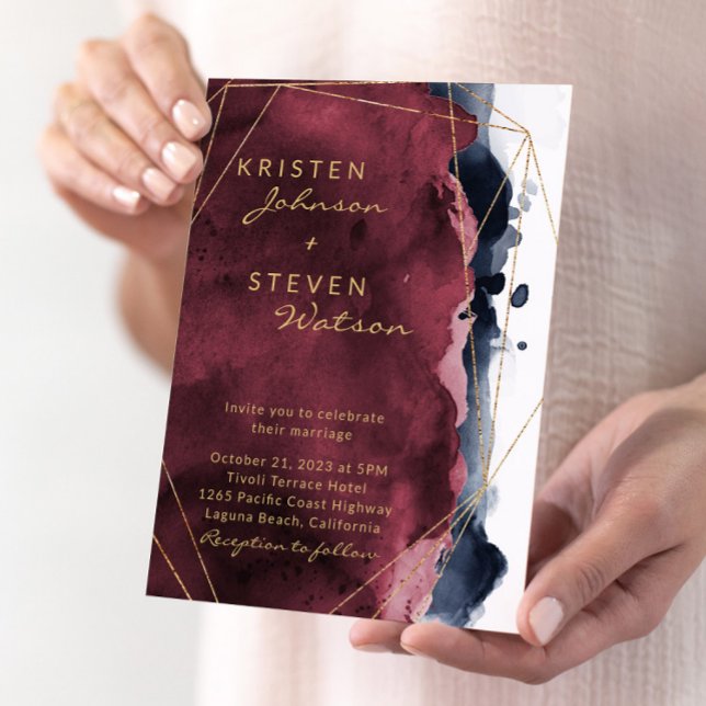 Burgundy & Navy Blue Watercolor Wedding  Invitation (Creator Uploaded)