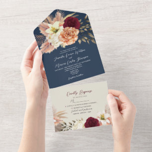 Burgundy Navy Blue Wedding All In One Invitation