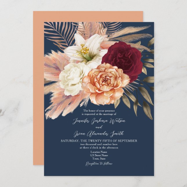 Burgundy Navy Blue Wedding Invitation (Front/Back)