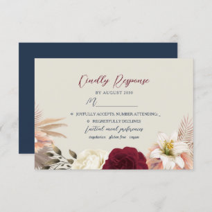 Burgundy Navy Blue Wedding RSVP Card