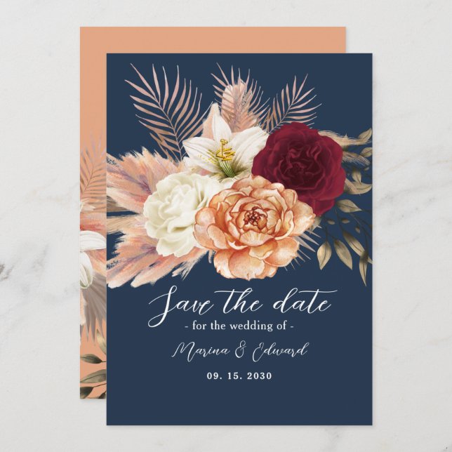 Burgundy Navy Blue Wedding Save The Date (Front/Back)