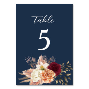 Burgundy Navy Blue Wedding Table Number