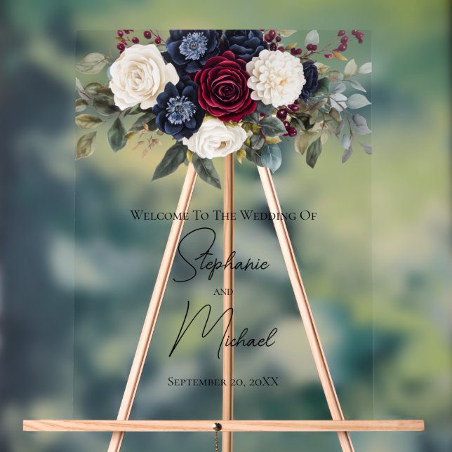 Burgundy Navy Blue White Floral Elegant Wedding Acrylic Sign (Neutral)